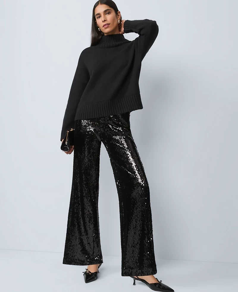 Ann Taylor The Petite Sequin Wide-Leg Pant Black Women's