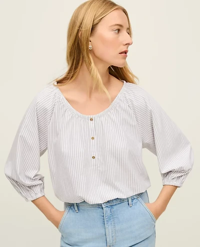 Ann Taylor Striped Bubble Hem Top White/Olive Combo Women's