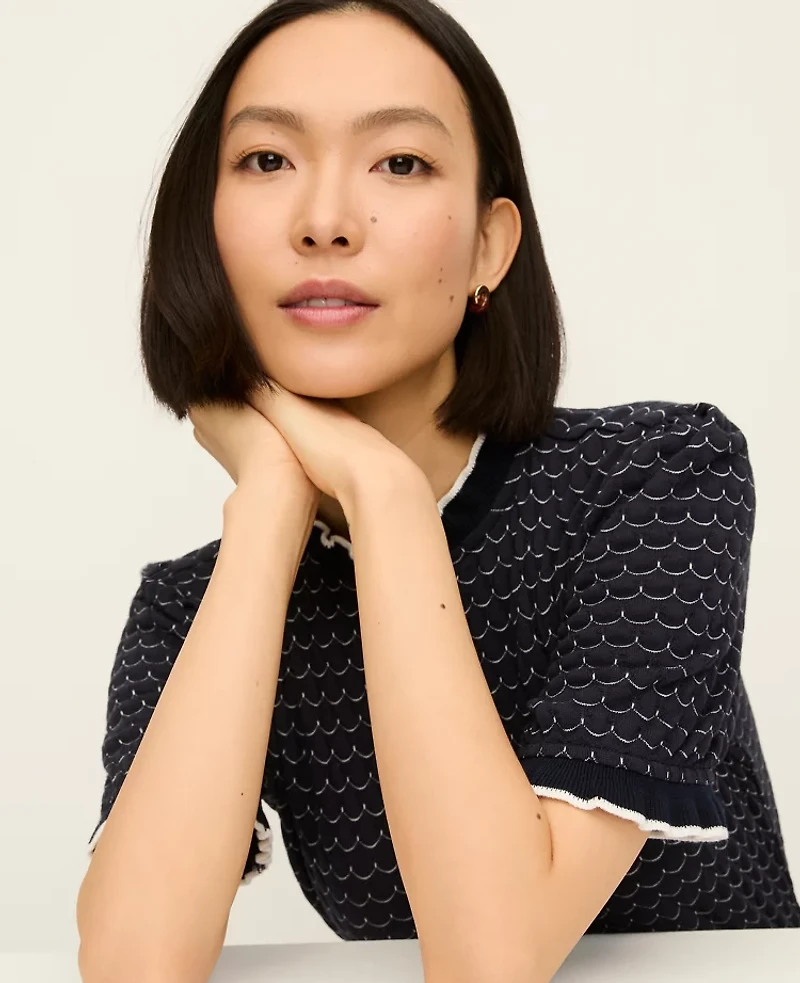 Ann Taylor Scalloped Ruffle Trim Top Navy/Ivory Combo Women's