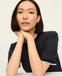 Ann Taylor Scalloped Ruffle Trim Top Navy/Ivory Combo Women's