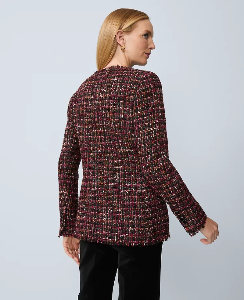 Ann Taylor The Petite Long V-Neck Jacket Tweed Red/Black Multi Women's
