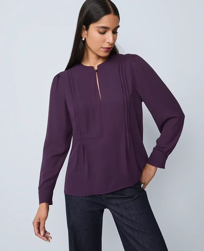 Ann Taylor Petite Mixed Media Pintuck Top Aubergine Dream Women's