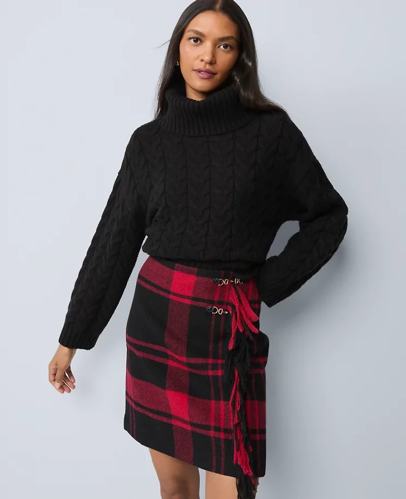 Ann Taylor Petite Weekend Collection Plaid Wrap Effect Skirt Black Women's