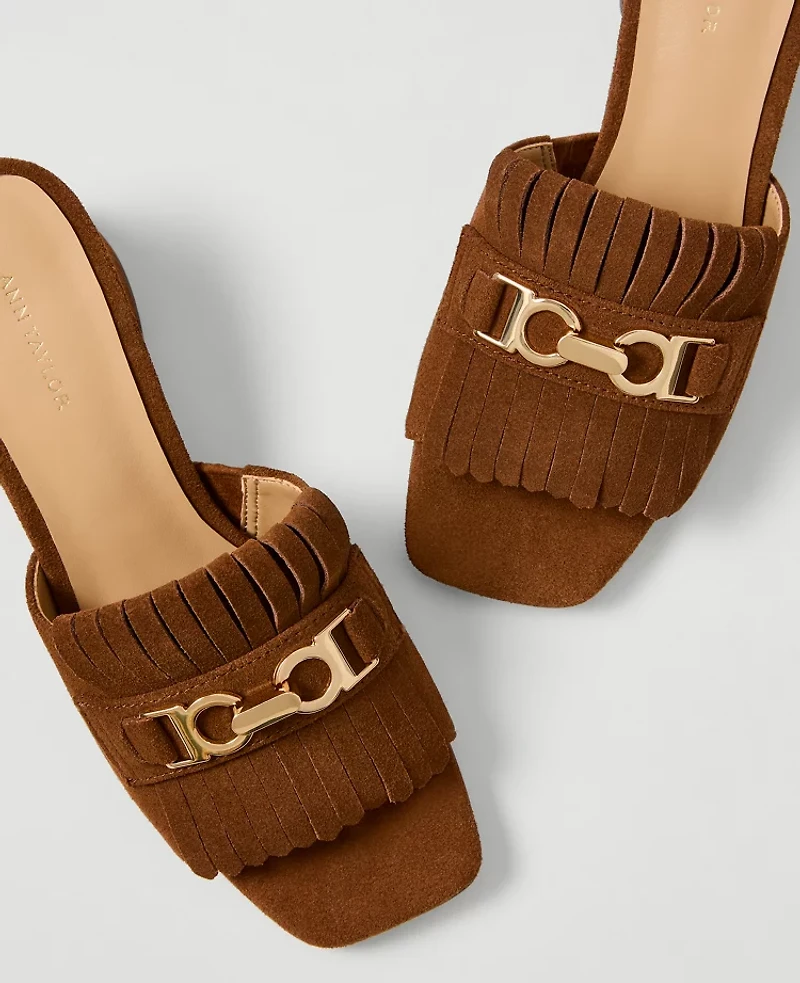 Ann Taylor Suede Kiltie Block Heel Sandal Spice Brown Women's