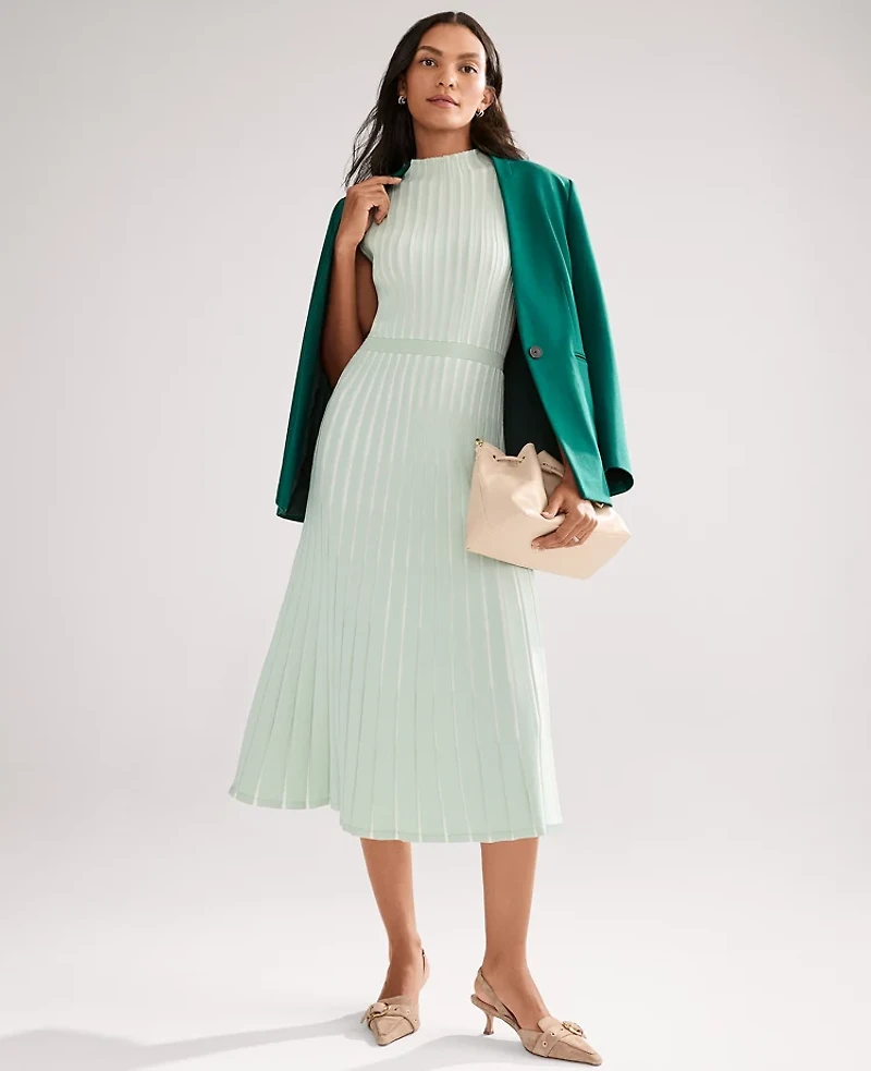 Ann Taylor Ribbed Mock Neck Sweater Dress Green Multi Women's