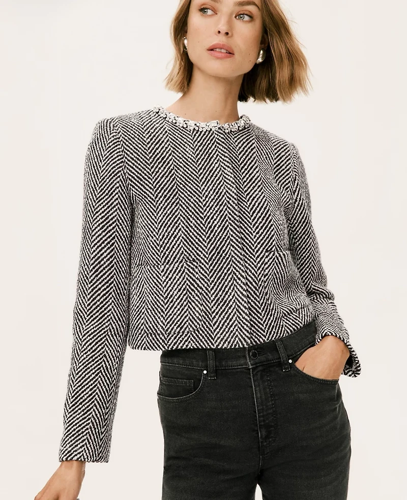 Ann Taylor Petite Embellished Herringbone Cropped Jacket Black Women's