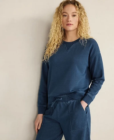 Ann Taylor Haven Well Within Indigo Washed Cotton Fleece Crewneck Pullover Dark Wash Women's