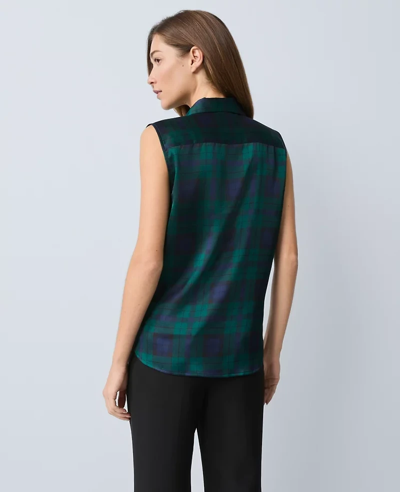 Ann Taylor Plaid Satin Sleeveless Shirt Rainforest Women's
