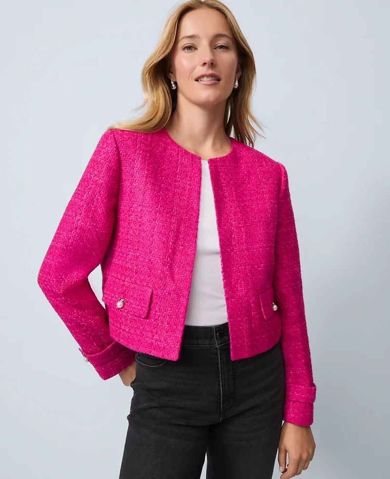 Ann Taylor Petite Tweed Cropped Jacket Electric Pink Women's
