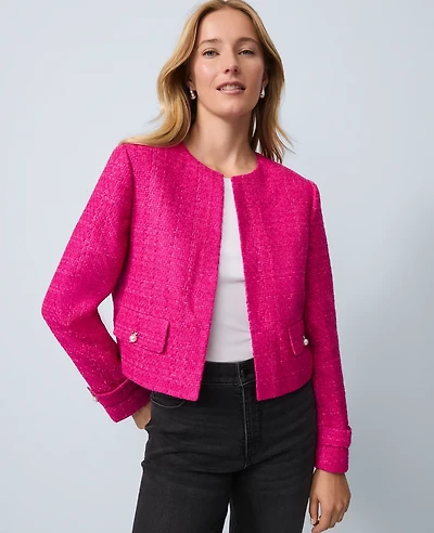Ann Taylor Petite Tweed Cropped Jacket Electric Pink Women's