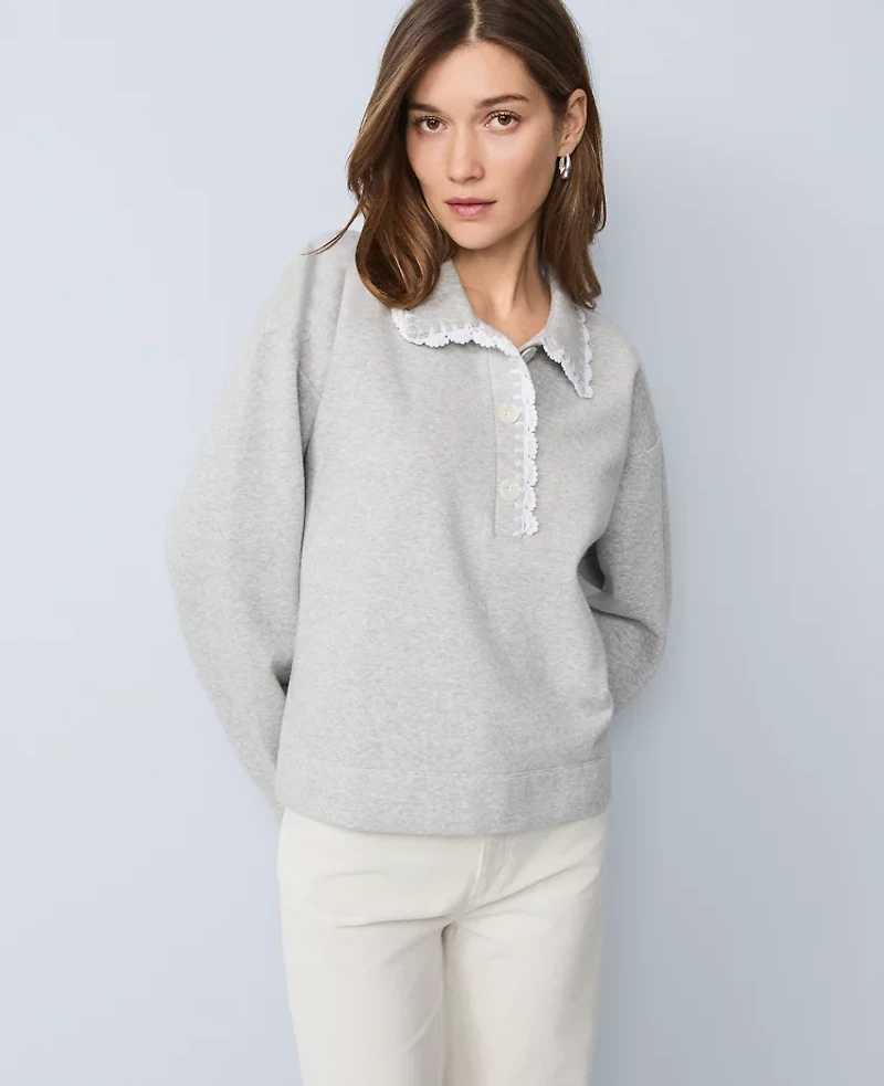 Ann Taylor Petite Weekend Collection Crochet Trim Collared Sweatshirt Medium Light Heather Grey Women's