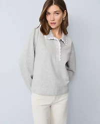 Ann Taylor Petite Weekend Collection Crochet Trim Collared Sweatshirt Medium Light Heather Grey Women's