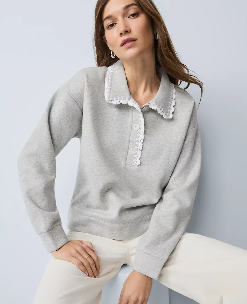 Ann Taylor Petite Weekend Collection Crochet Trim Collared Sweatshirt Medium Light Heather Grey Women's