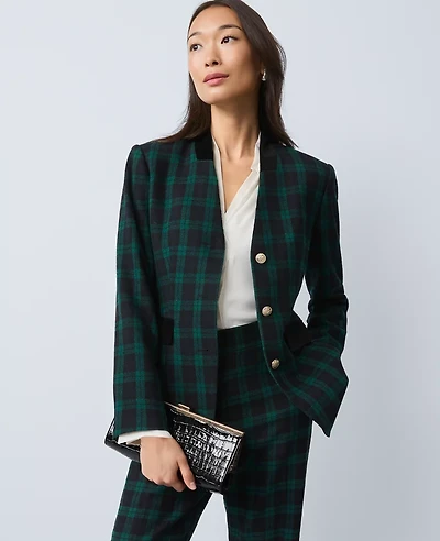 Ann Taylor The Petite Long Collarless Blazer Plaid Rainforest Women's