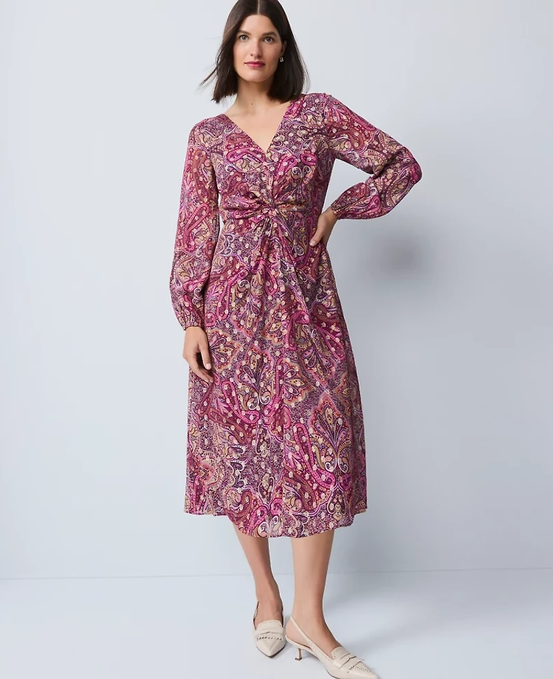 Ann Taylor Petite Draped Paisley Midi Dress Poised Plum Women's