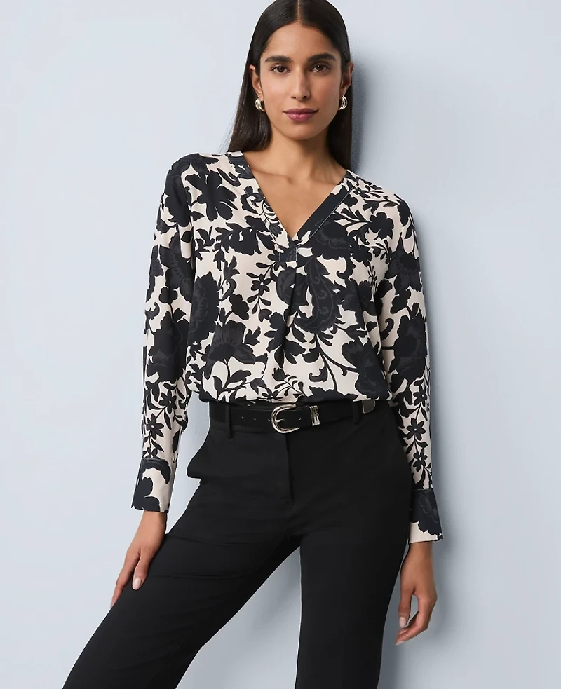 Ann Taylor Petite Floral Mixed Media Top Black Women's