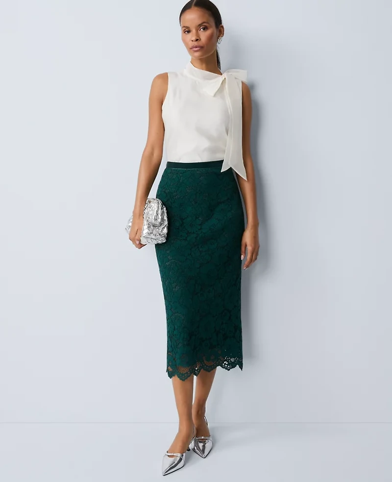 Ann Taylor Petite Lace Column Midi Skirt Ponderosa Pine Women's