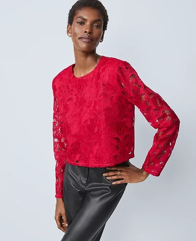 Ann Taylor Petite Lace Crew Neck Blouse Size Small Jewel Red Women's