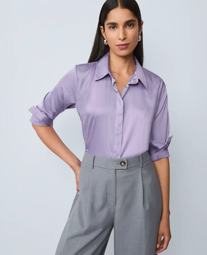Ann Taylor Petite Pinstriped Satin Essential Shirt Lavender/Black Stripe Women's