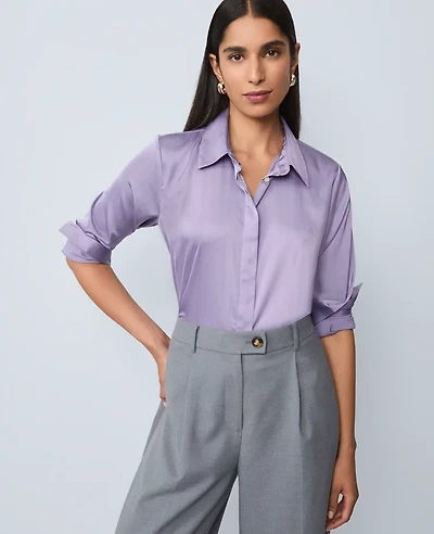 Ann Taylor Petite Pinstriped Satin Essential Shirt Lavender/Black Stripe Women's