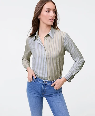 Ann Taylor Weekend Collection Striped Relaxed Perfect Shirt Blush Haze Women's