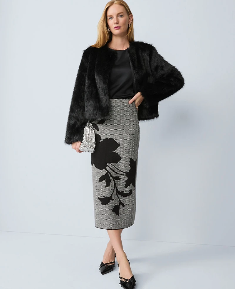 Ann Taylor Petite Faux Fur Crew Neck Jacket Black Women's