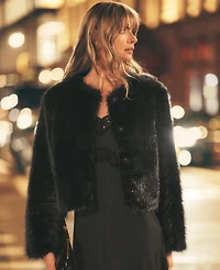 Ann Taylor Petite Faux Fur Crew Neck Jacket Black Women's