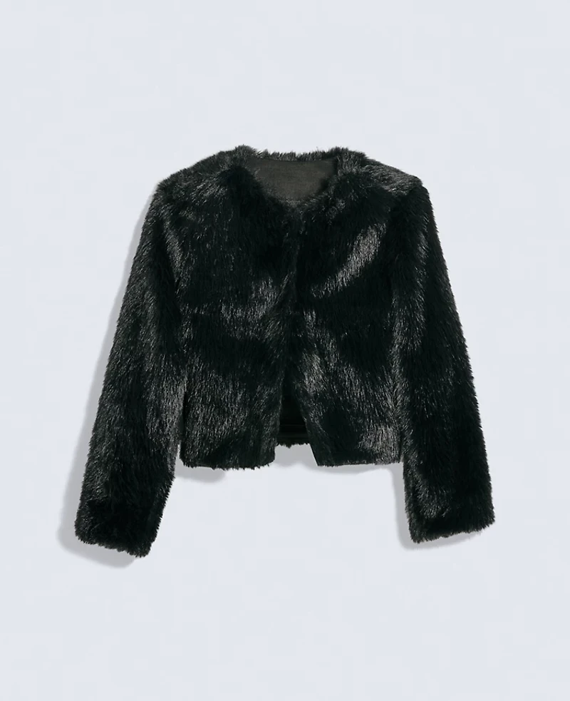 Ann Taylor Petite Faux Fur Crew Neck Jacket Black Women's