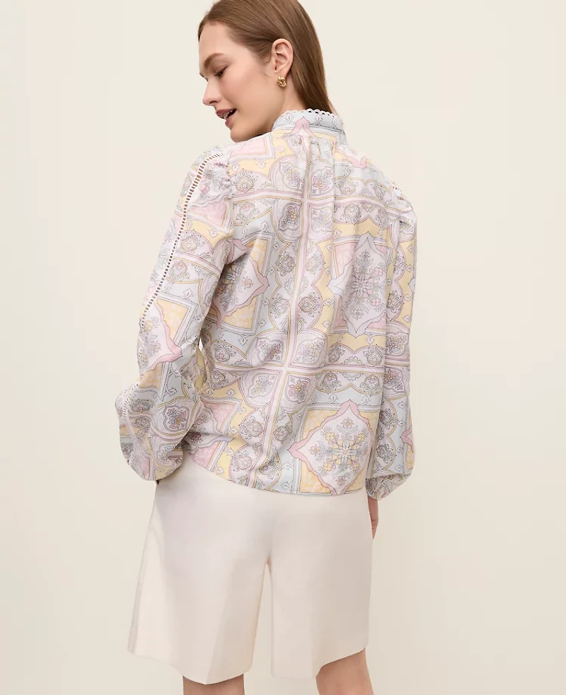 Ann Taylor Tile Print Embroidered Blouse Women's