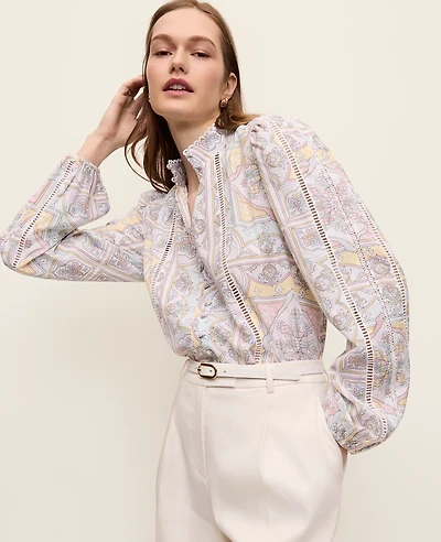 Ann Taylor Tile Print Embroidered Blouse Women's