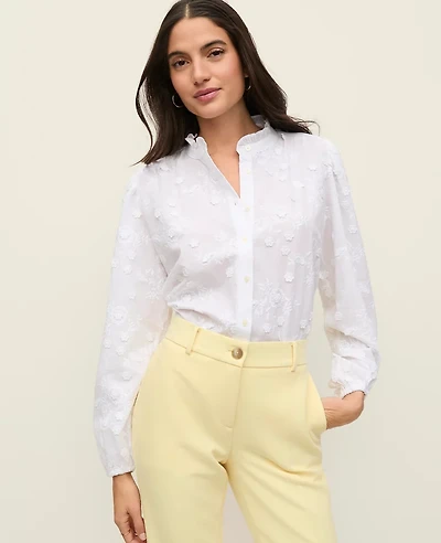 Ann Taylor Embroidered Ruffle Collar Shirt White Women's