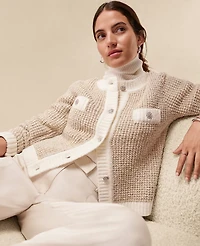 Ann Taylor Metallic Waffle Knit Sweater Jacket Winter White Women's