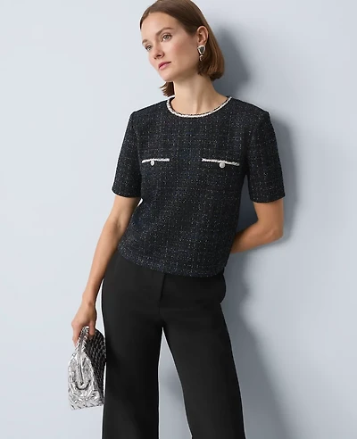 Ann Taylor Metallic Tweed Top Navy/Black Women's