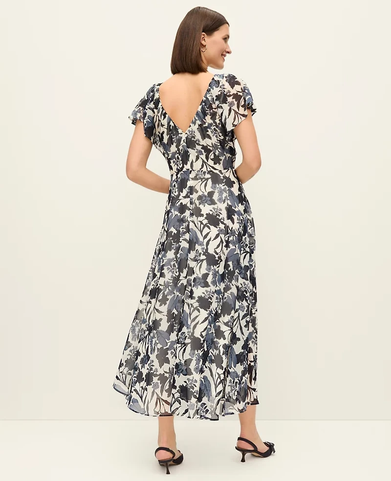Ann Taylor Floral Flutter Sleeve Midi Dress Night Sky Women's