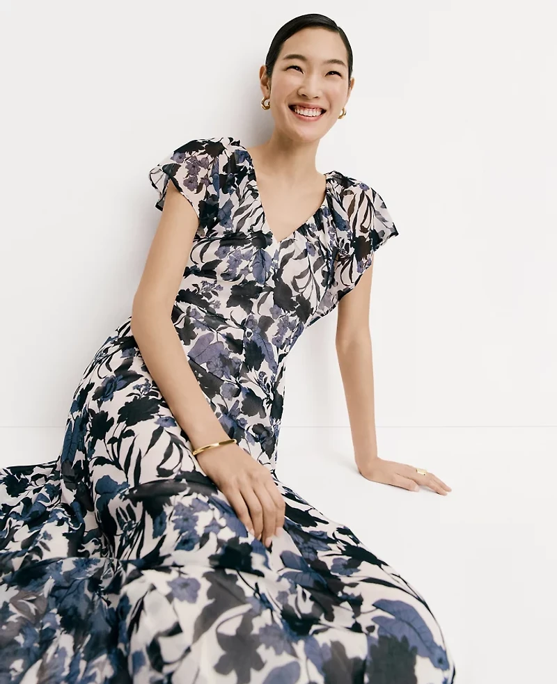 Ann Taylor Floral Flutter Sleeve Midi Dress Night Sky Women's