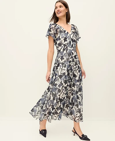 Ann Taylor Floral Flutter Sleeve Midi Dress Night Sky Women's