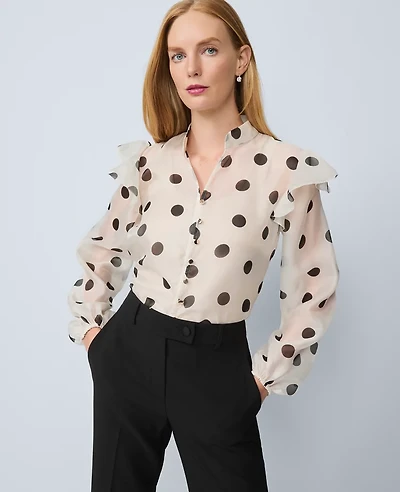 Ann Taylor Petite Dotted Ruffle Sleeve Blouse Ivory Whisper Women's