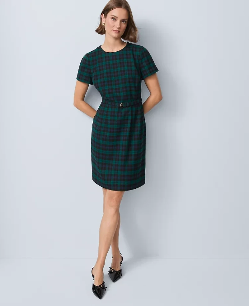 Ann Taylor Plaid Belted Sheath Dress Rainforest Women's