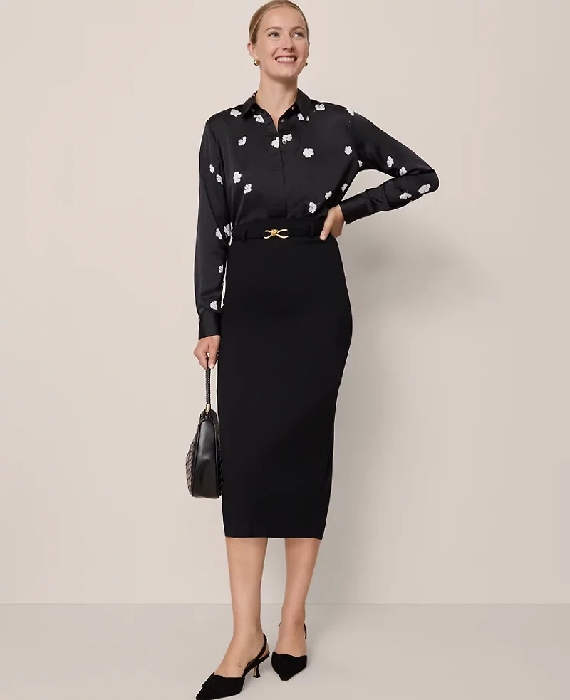 Ann Taylor Petite Floral Satin Essential Shirt Black Women's
