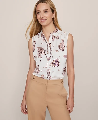 Ann Taylor Paisley Shirred Sleeveless Shirt Winter White Women's
