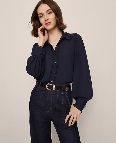 Ann Taylor Bobble Trim Collared Shirt Night Sky Women's