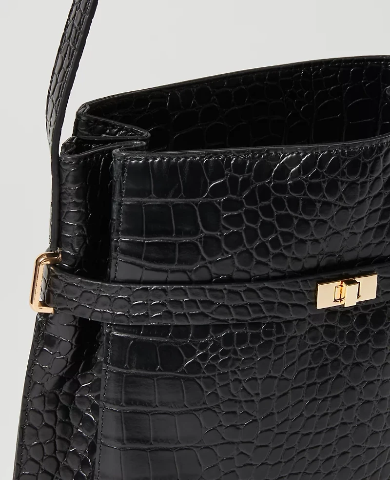Ann Taylor Croco Belted Bucket Bag Black Women's