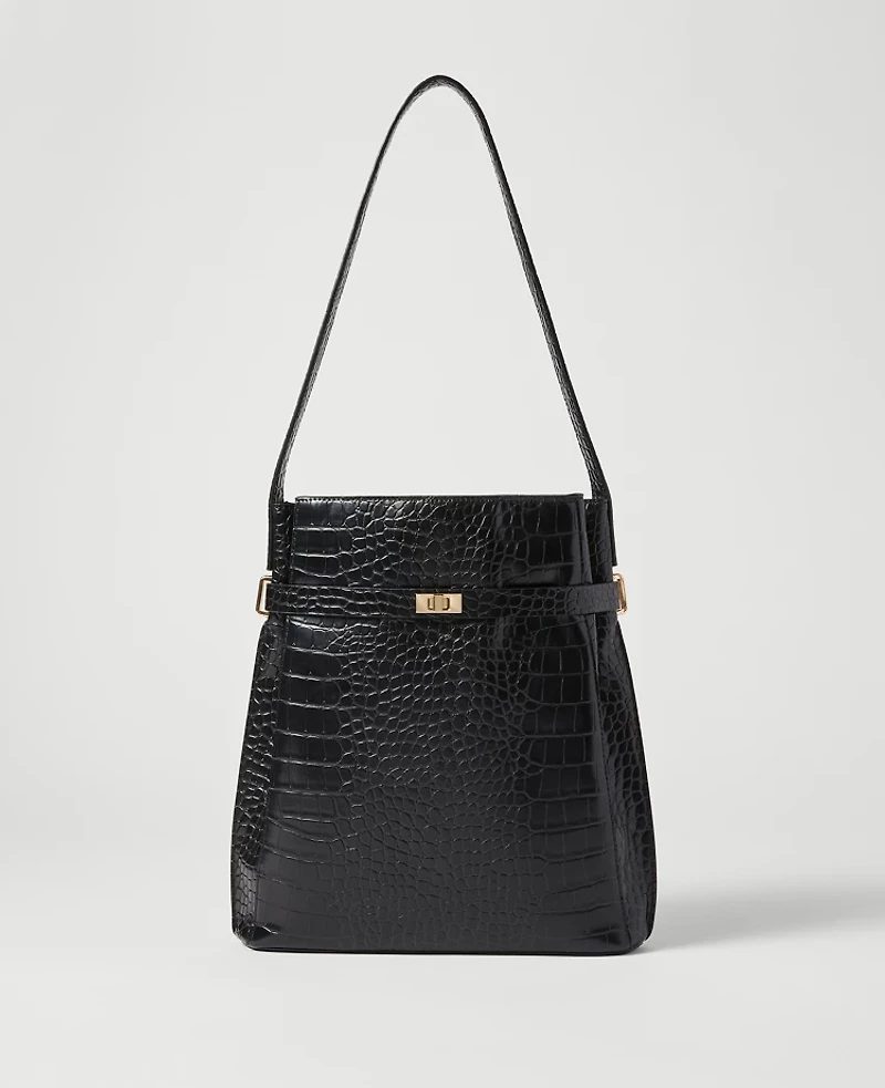 Ann Taylor Croco Belted Bucket Bag Black Women's