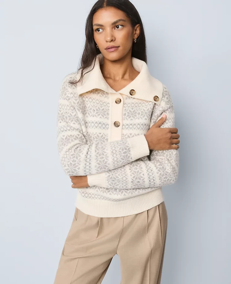 Ann Taylor Weekend Collection Fair Isle Polo Sweater Neutral Multi Women's