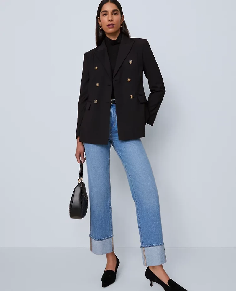Ann Taylor Petite Fitted Long Double Breasted Blazer Black Women's