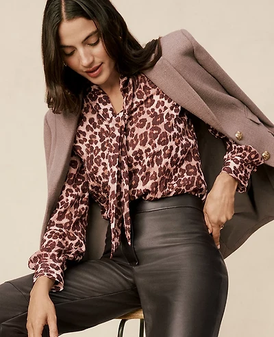 Ann Taylor Animal Print Tie V-Neck Popover Top Pale Sandalwood Women's