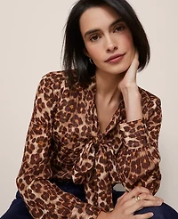Ann Taylor Animal Print Tie V-Neck Popover Top Pale Sandalwood Women's