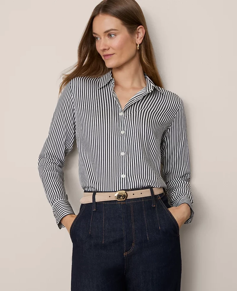 Ann Taylor Striped Relaxed Perfect Shirt Night Sky/White Stripe Women's