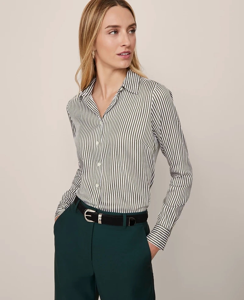 Ann Taylor Striped Perfect Shirt Muted Moss Women's