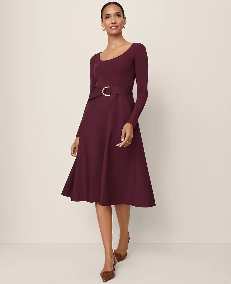 Ann Taylor Mixed Media Flare Midi Dress Poised Plum Women's